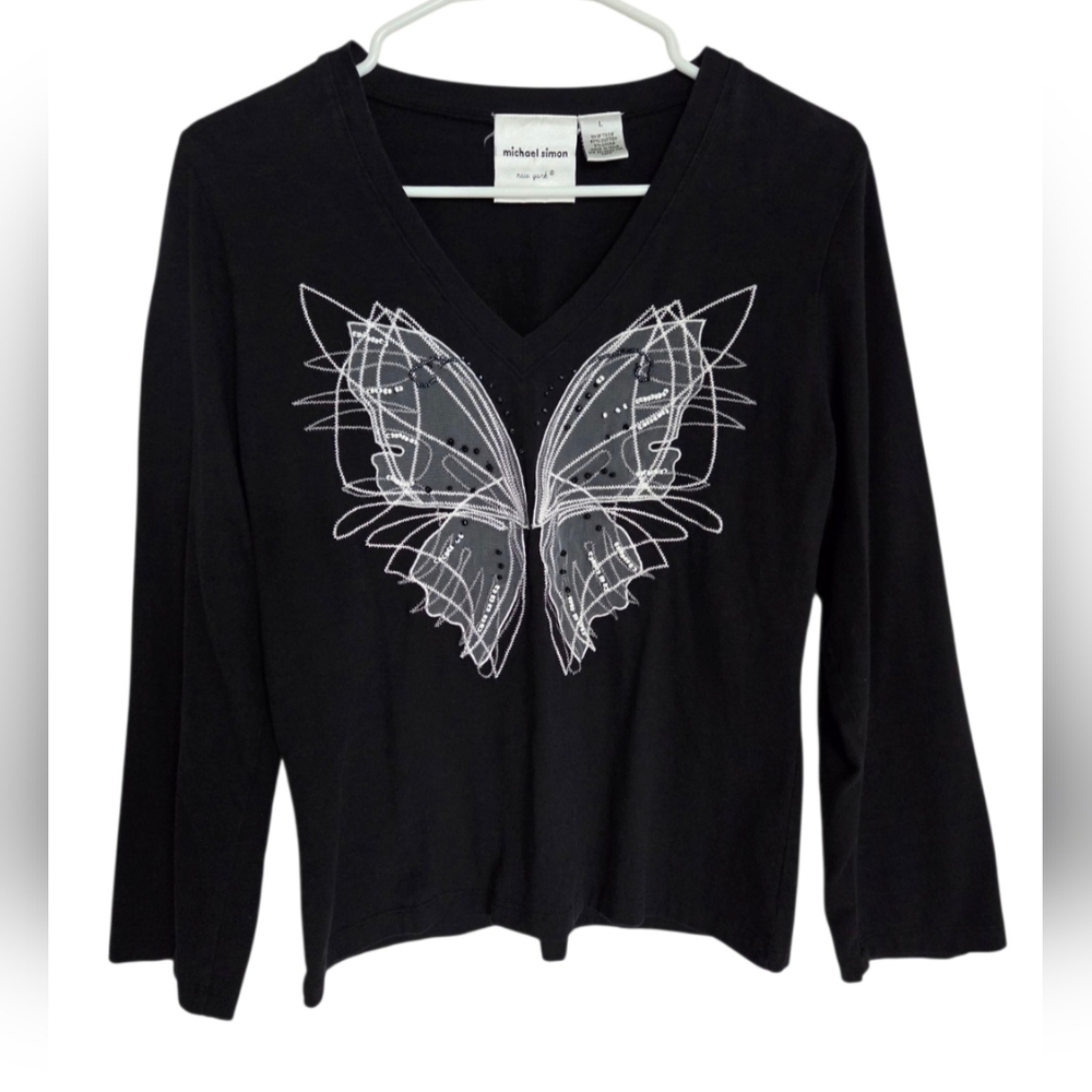 Michael Simon Beaded Embroidered Butterfly Blouse Womens Large Black Witch Fairy